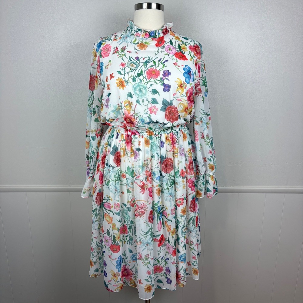 Gibson Latimer Chiffon Midi Dress NWT Size XL Floral Long Sleeve Ruffled Neck